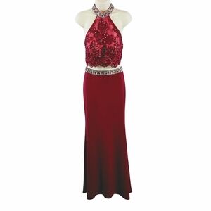 Beaded Halter Two-Piece Prom Dress - Burgundy Size 8